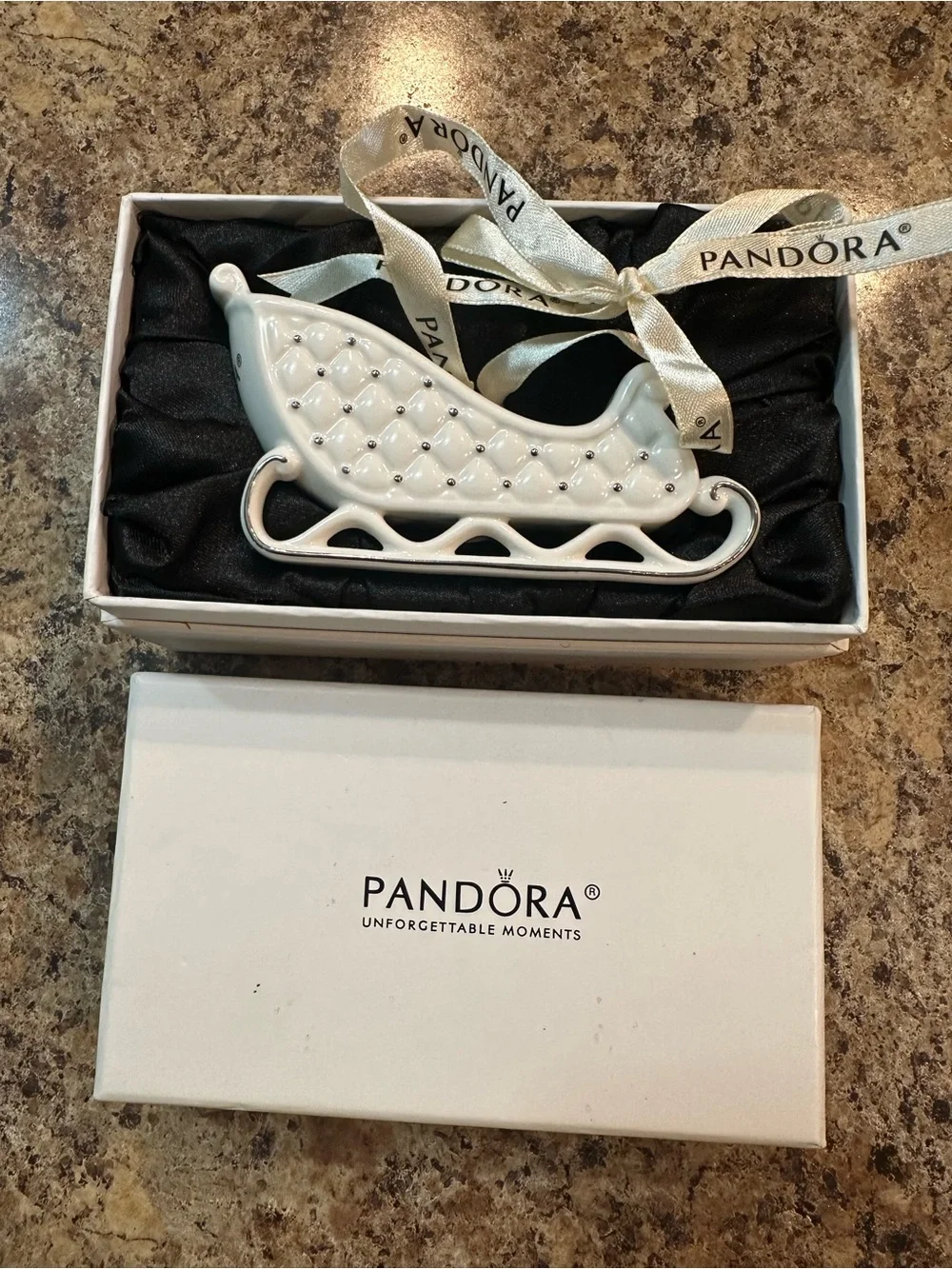 Pandora 2014 White Quilted Ceramic Sleigh Ornament with Ribbon in box